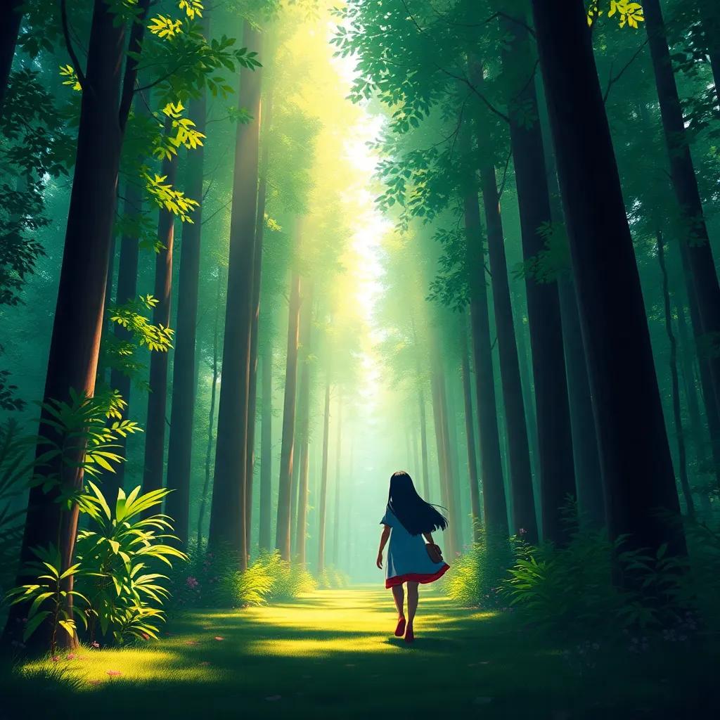 A vibrant forest with tall trees, sunlight filtering through leaves, representing the beauty of nature, Leila and Sama walking together, digital painting, colorful, inviting, uplifting