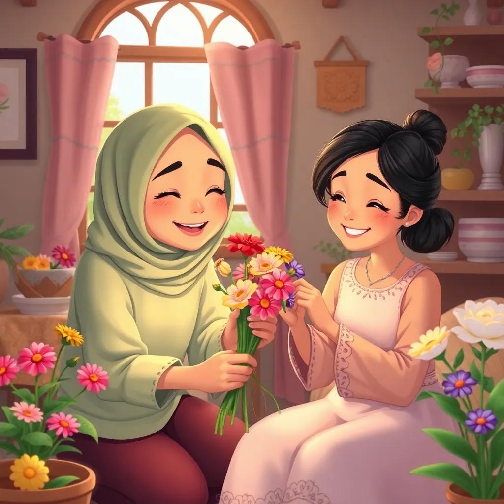 Leila tying colorful flowers together while Sama adds decorative touches, in a cozy cottage atmosphere, warmth and love in their smiles, detailed illustration, heartwarming