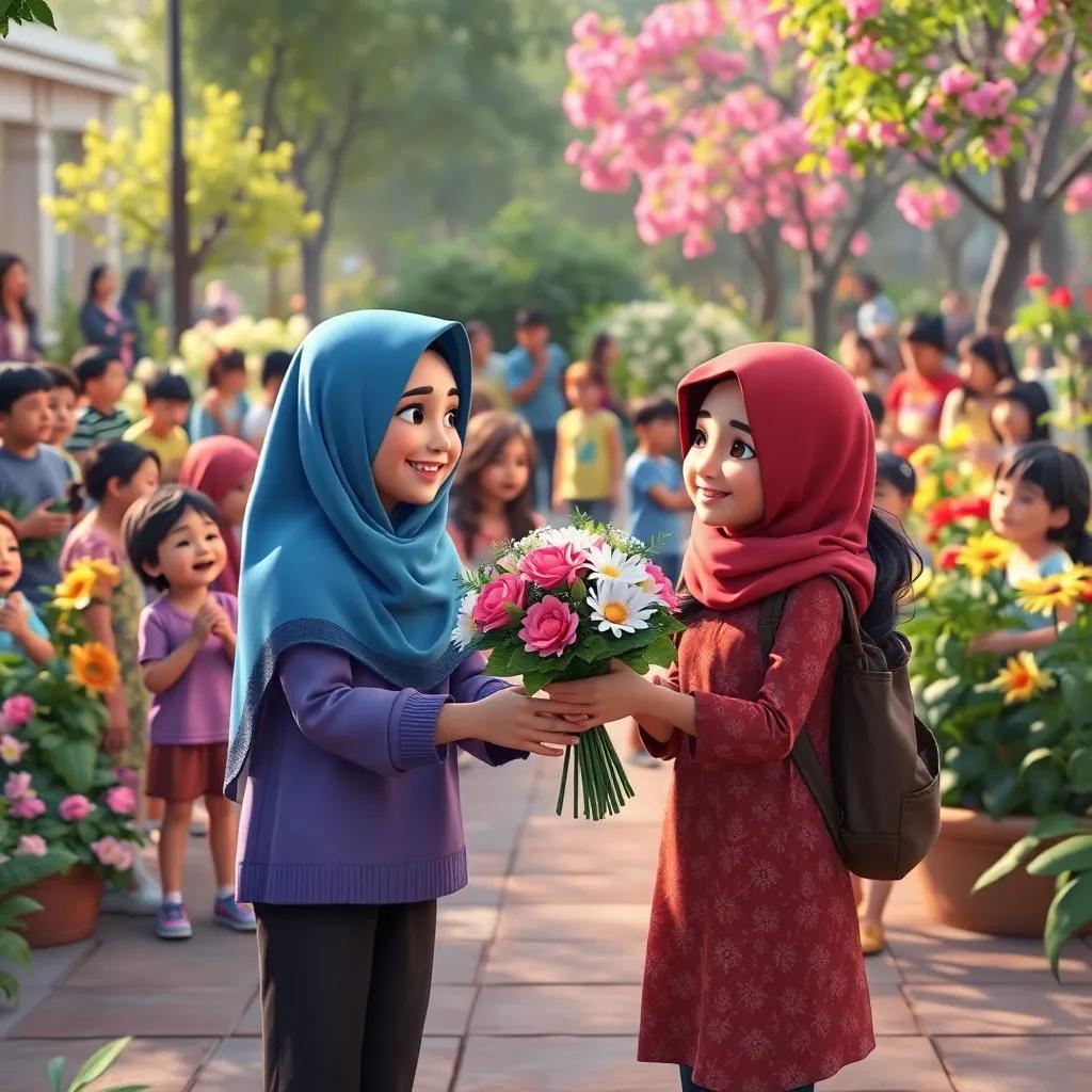 A public garden filled with children joyfully admiring flowers, Leila and Sama presenting their beautiful bouquet, cheerful gathering, digital art, lively environment, highly detailed