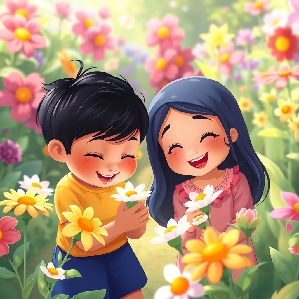 Children gently touching flowers, expressions of joy on their faces, Leila and Sama singing in the background, colorful garden, delightful scene, illustration, uplifting