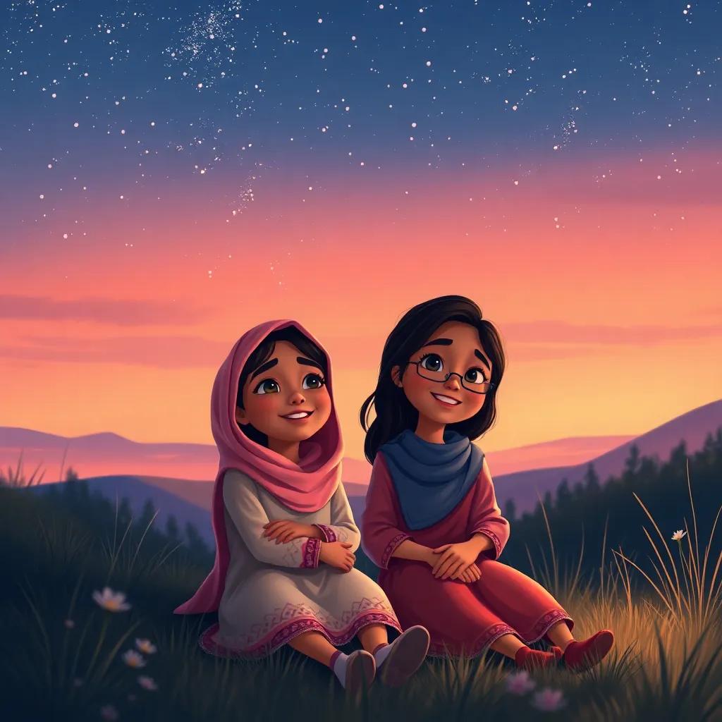 A twilight scene with Leila and Sama under the stars, feeling the joy of their shared experiences, soft colors, magical atmosphere, digital painting, enchanting, child-friendly