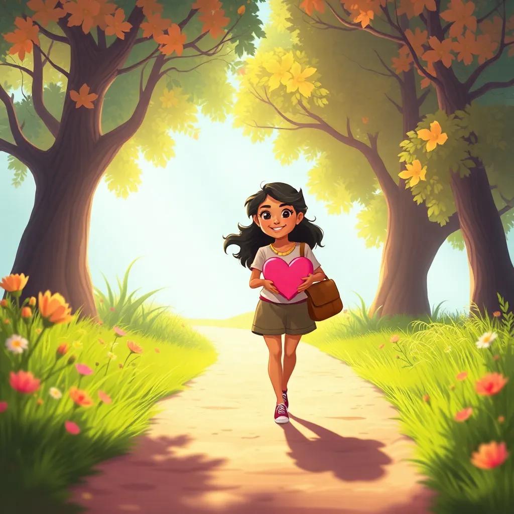 Leila and Sama returning home through a bright and cheerful path, hearts full of love and appreciation for nature, warm colors, inviting, heartwarming scene