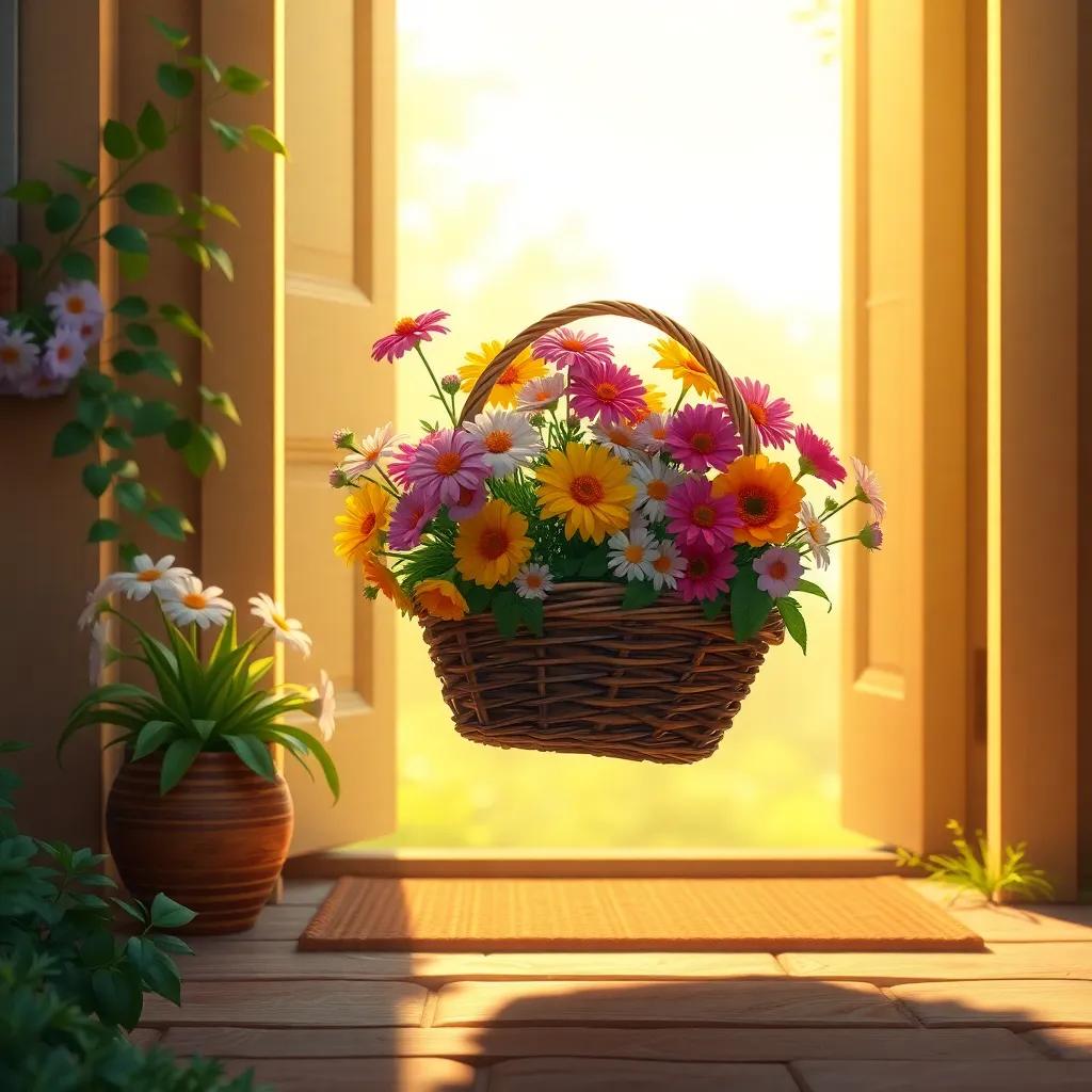 A heartwarming image showcasing a basket filled with flowers, positioned with delight at their doorstep, warm light, focusing on friendship and nature, digital art, nostalgic