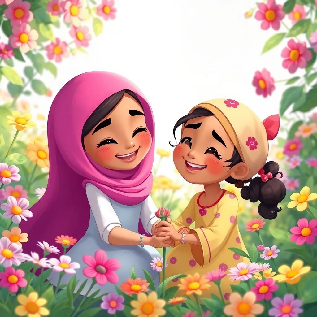 Leila and Sama playing together in their garden, surrounded by flowers, smiling with joy, representing the bond with nature and each other, colorful illustration, uplifting