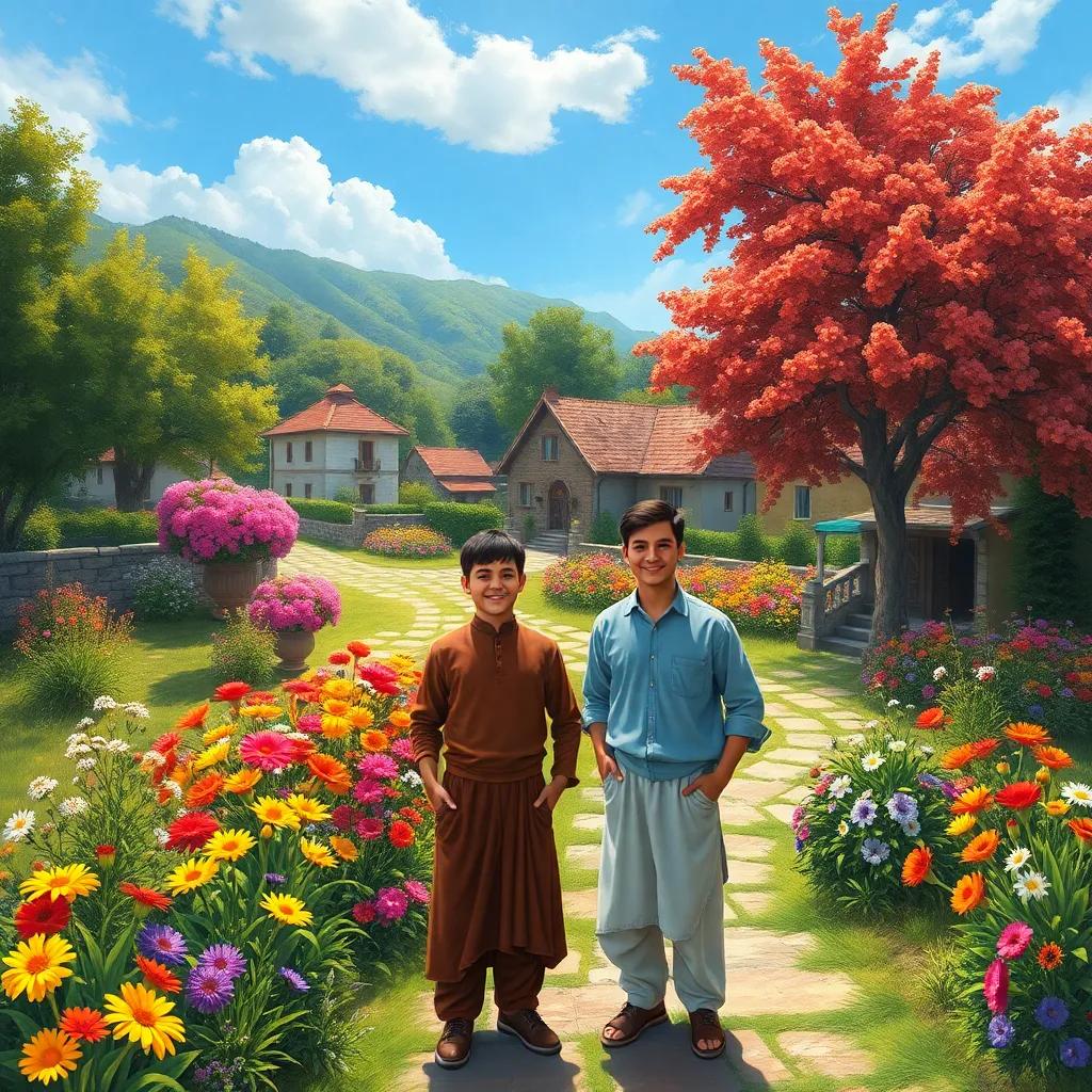 A picturesque village scene with colorful flowers and lush trees, depicting two brothers, Sami and Ali, standing happily together, bright sunlight, vivid colors, cheerful atmosphere, digital art, high quality