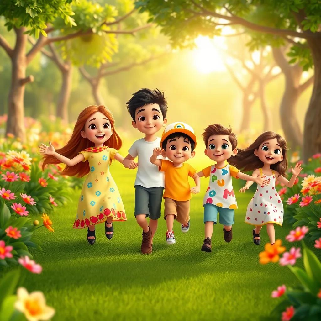 A joyful group of four siblings - Loulou, a young Arab girl with long hair wearing a colorful dress, Mohamed, a young Arab boy with short black hair wearing a bright t-shirt, Abdullah, a young Arab boy in smart shorts and a cap, and Heya, a young Arab girl wearing a playful summer outfit - playing happily in a large garden filled with flowers and trees, sun shining brightly, cheerful atmosphere, digital art, vibrant colors, warm and inviting