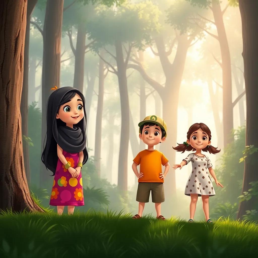 Loulou, a young Arab girl with long hair in a colorful dress, Mohamed, a young Arab boy with short black hair in a bright t-shirt, Abdullah, a young Arab boy in smart shorts and a cap, and Heya, a young Arab girl in a playful summer outfit, standing at the edge of a mysterious forest, filled with tall trees and sunlight peeking through the leaves, expressions of curiosity and excitement, illustration, enchanting and adventurous scene, high quality