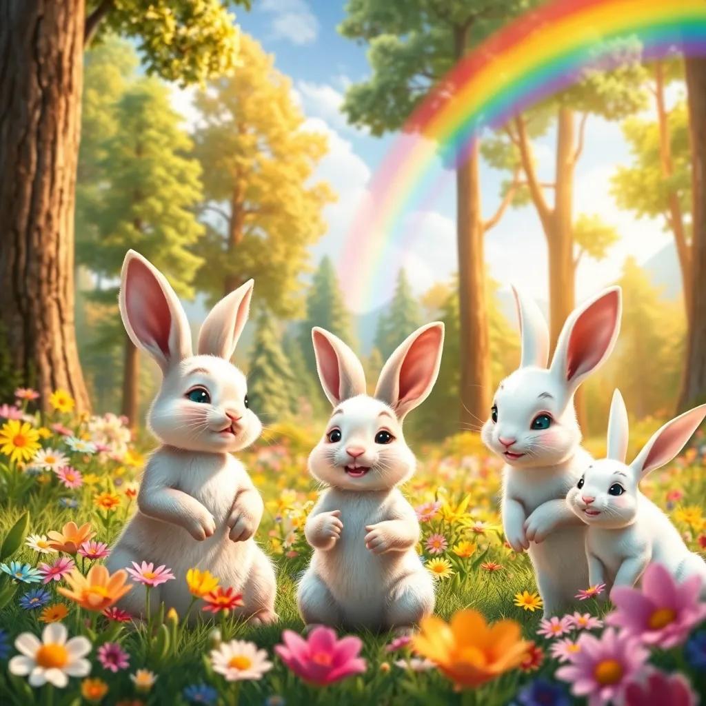 In a beautiful forest filled with colorful flowers and tall trees, five mischievous rabbits are gathered together. A small rabbit named Toto with fluffy white fur and big ears exclaims, 'Let's go play in the fields!' with excitement. The others, including Fufu, a white rabbit with a shiny coat, smile in agreement. Colorful rainbows fill the sky as the sun sparkles, creating a cheerful atmosphere, digital art, vibrant colors, enchanting scene, child-friendly, detailed, happy and inviting mood.