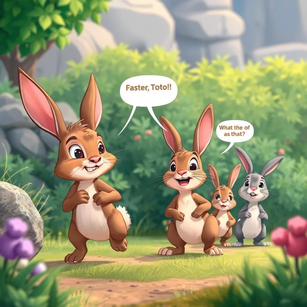 After a while of playing outside, the rabbits decide to have a race. A brown rabbit named Rabi, with a determined look and short ears, cheers, 'Faster, Toto!' Suddenly, they hear a strange sound coming from the bushes. The rabbits look surprised and curious, asking, 'What is that?' as they prepare for an adventure into the unknown, illustration, playful and adventurous, colorful scenery, exciting and engaging mood.