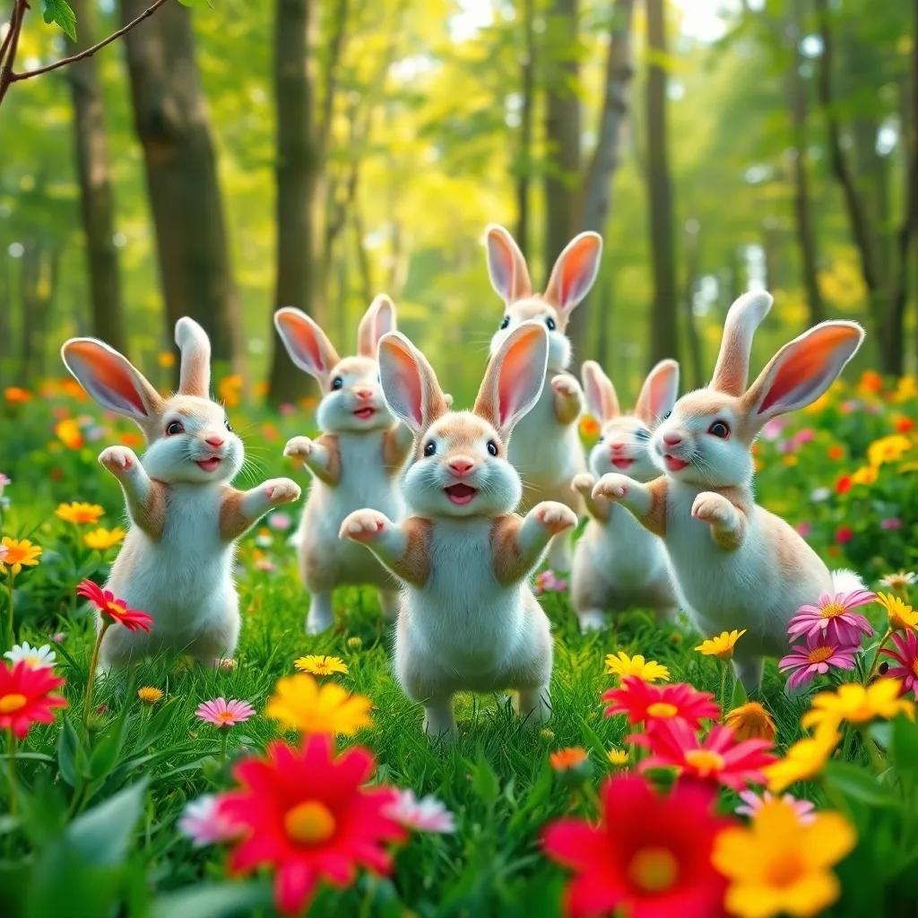 A group of happy rabbits playing in a green forest, jumping and dancing among the trees, colorful flowers around them, digital art, bright colors, cheerful atmosphere, high quality