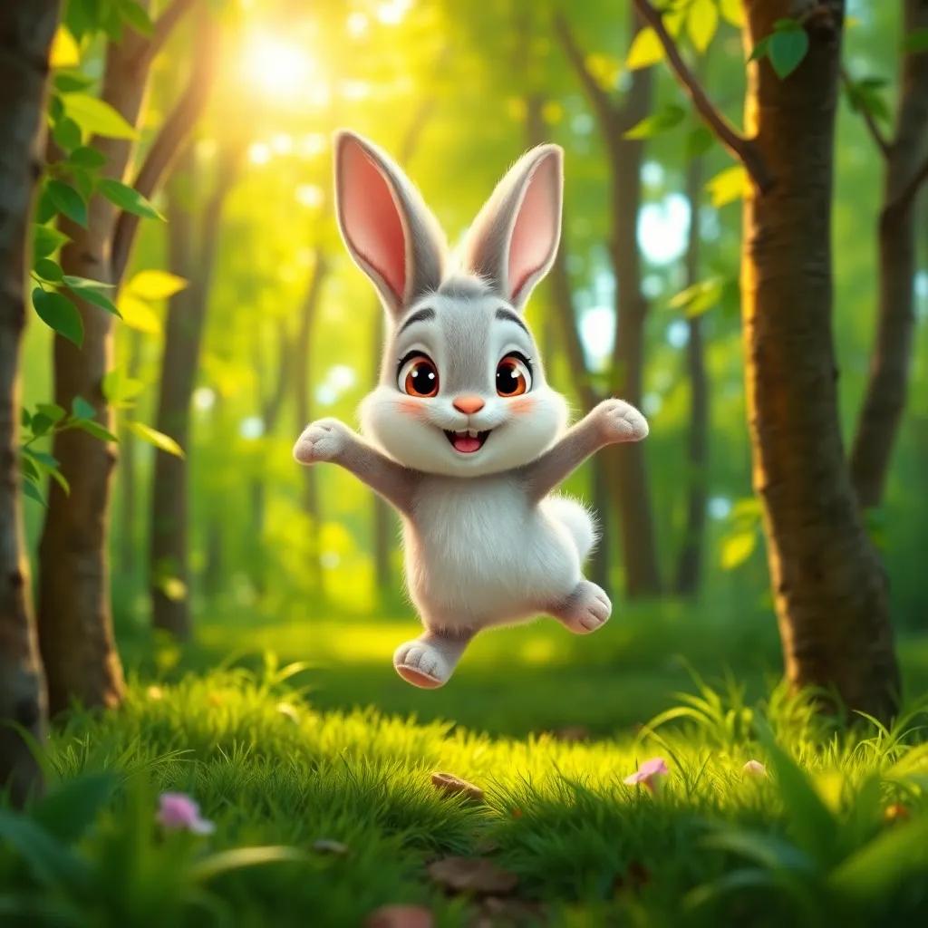 A small rabbit, Rawi, with fluffy fur and big eyes, happily jumping between green trees in a vibrant forest with sunlight peeking through, cheerful, playful atmosphere, digital art, colorful, high quality