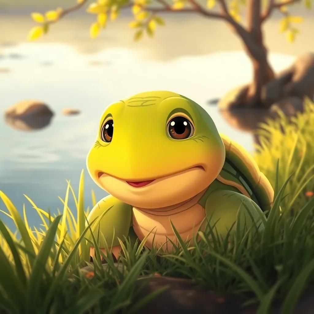 An old wise turtle, Noha, with gentle eyes and a kind smile, hiding in the grass by a riverbank, watching closely, warm light, inviting scene, illustration, child-friendly, high quality