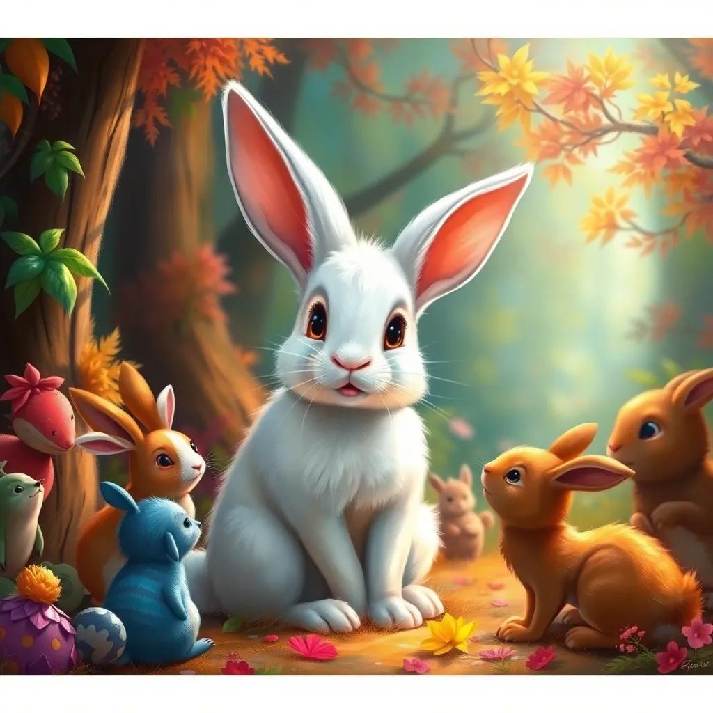 A young rabbit, Rony, with fluffy white fur and big ears, sitting in a colorful forest, talking to animals around him, cheerful and friendly atmosphere, digital art, vibrant colors, warm light, inviting scene, high quality