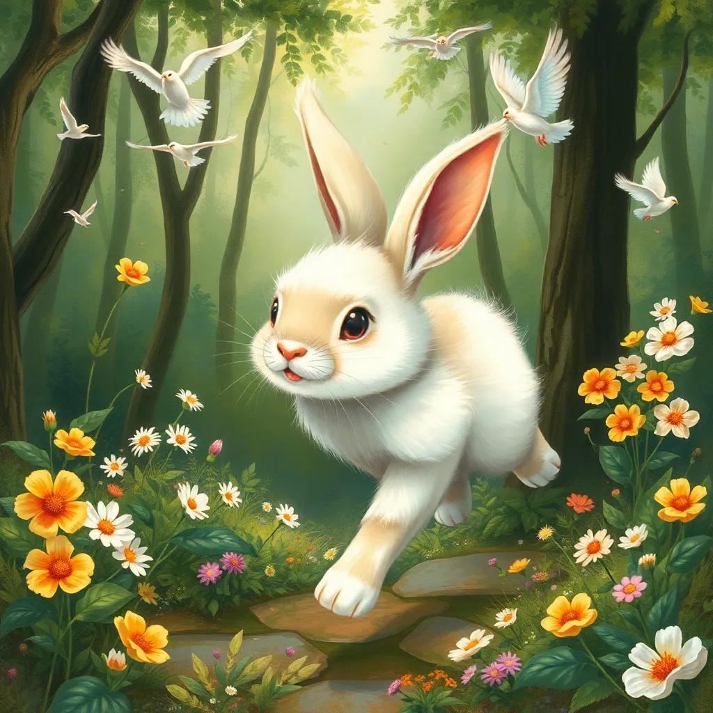 Rony, the young rabbit with fluffy white fur, running fast in the forest, flowers blooming around, birds flying, energetic and vibrant, illustration, bright colors, playful mood