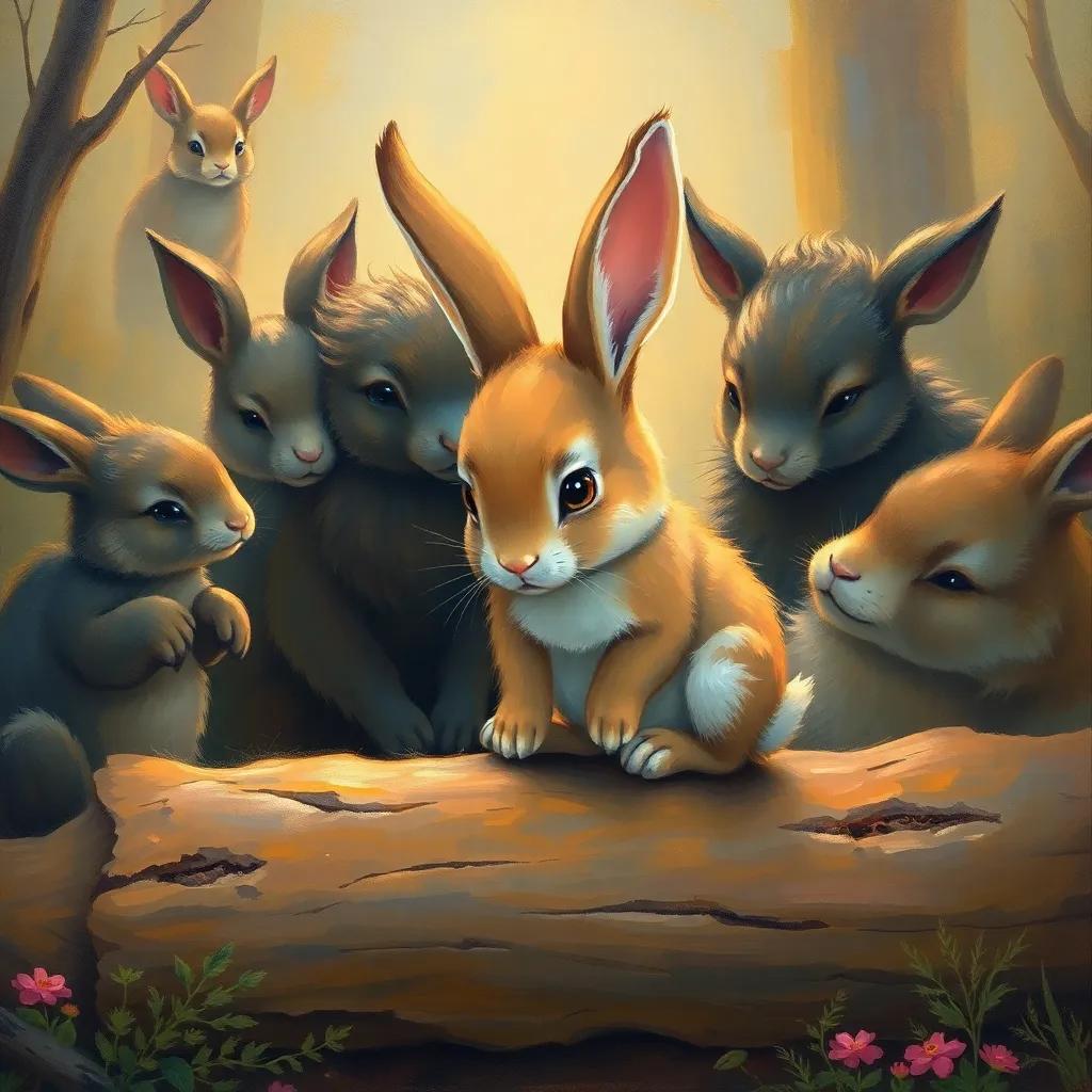 A sad rabbit, Rony, sitting alone on a log, looking down with big eyes, surrounded by other animals who are whispering, gentle colors, warm light, heartfelt moment, emotional scene, high quality
