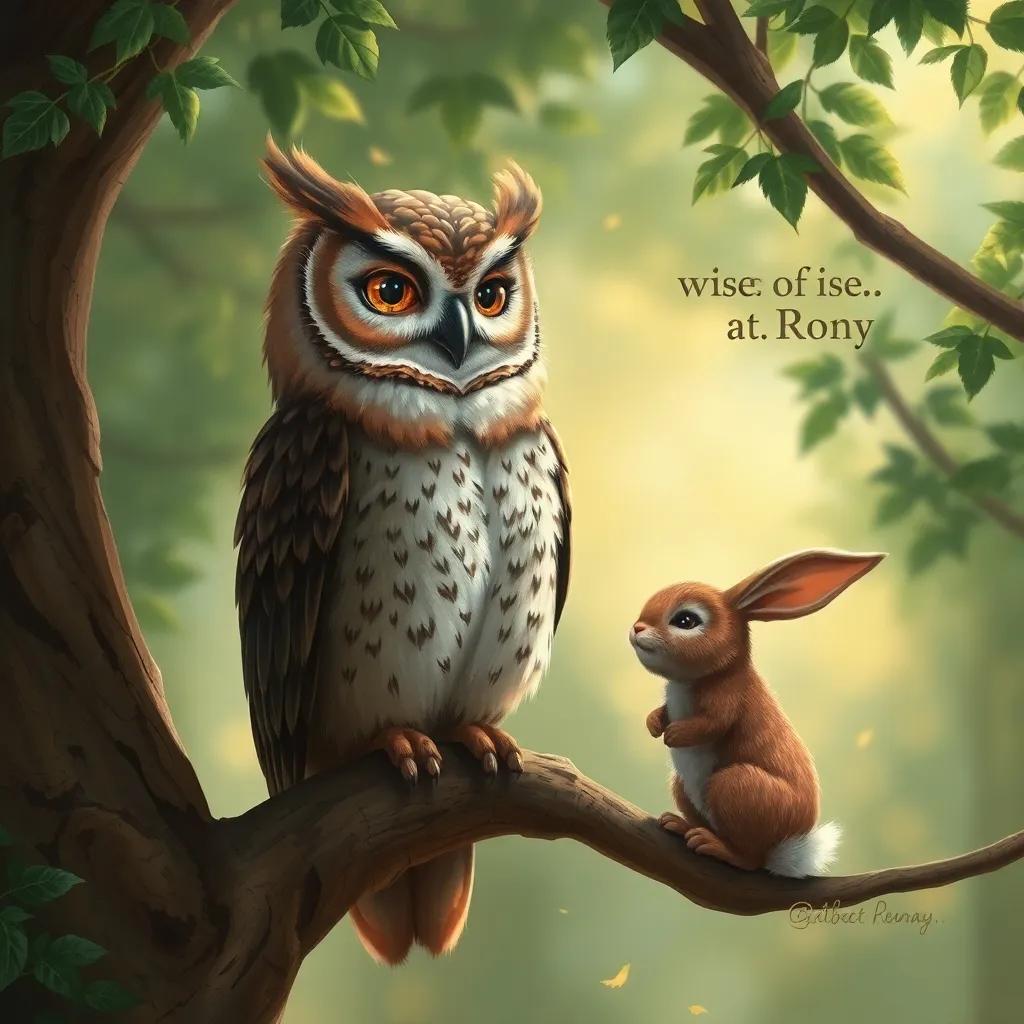 An wise owl perched on a tree branch, talking to Rony, the rabbit, offering advice gently, detailed feathers, friendly expression, surrounded by greenery, warm light, storytelling vibe, digital art, high quality