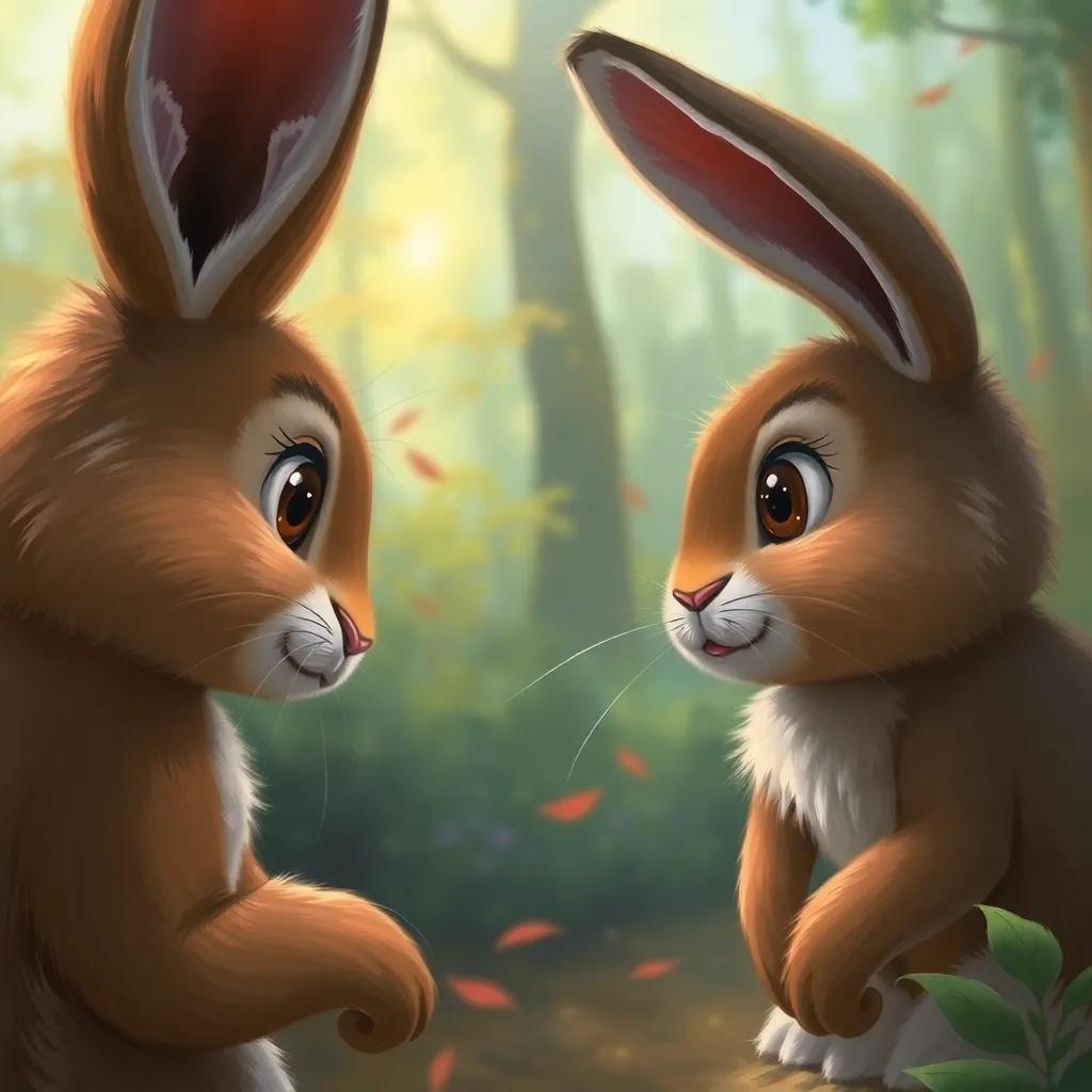 Rony the rabbit, focused and determined, watching his friends speaking softly, observing their lips, bright shining eyes, cute expression, colorful forest, inspirational moment, digital painting, high quality