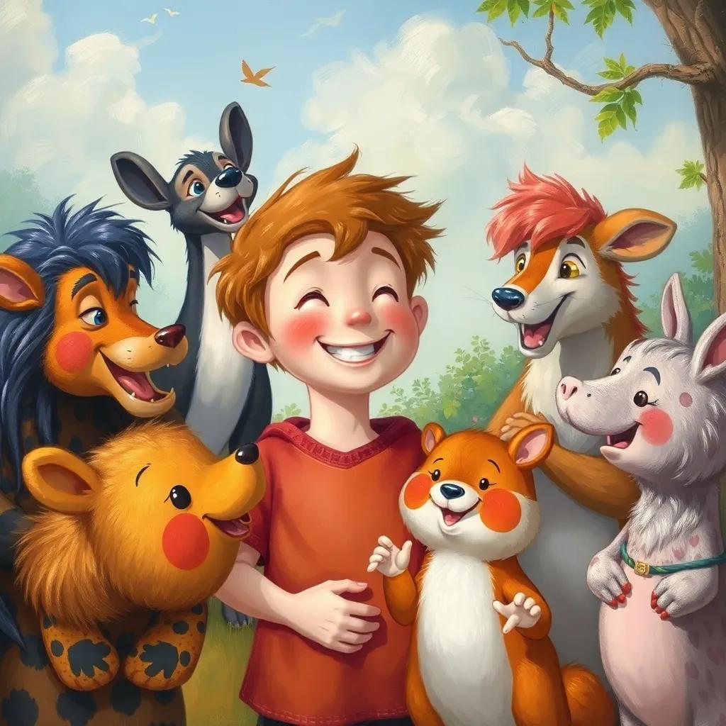 Rony receives encouragement from his friends as he tries to understand their whispers, playful atmosphere, animals cheering for him, loving and warm expressions, vibrant colors, cheerful scenery, high quality