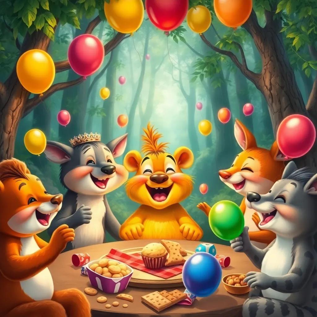 The animals celebrating together in the forest, Rony smiling with joy, games and laughter all around, colorful balloons and snacks, cheerful gathering, warm light, high quality