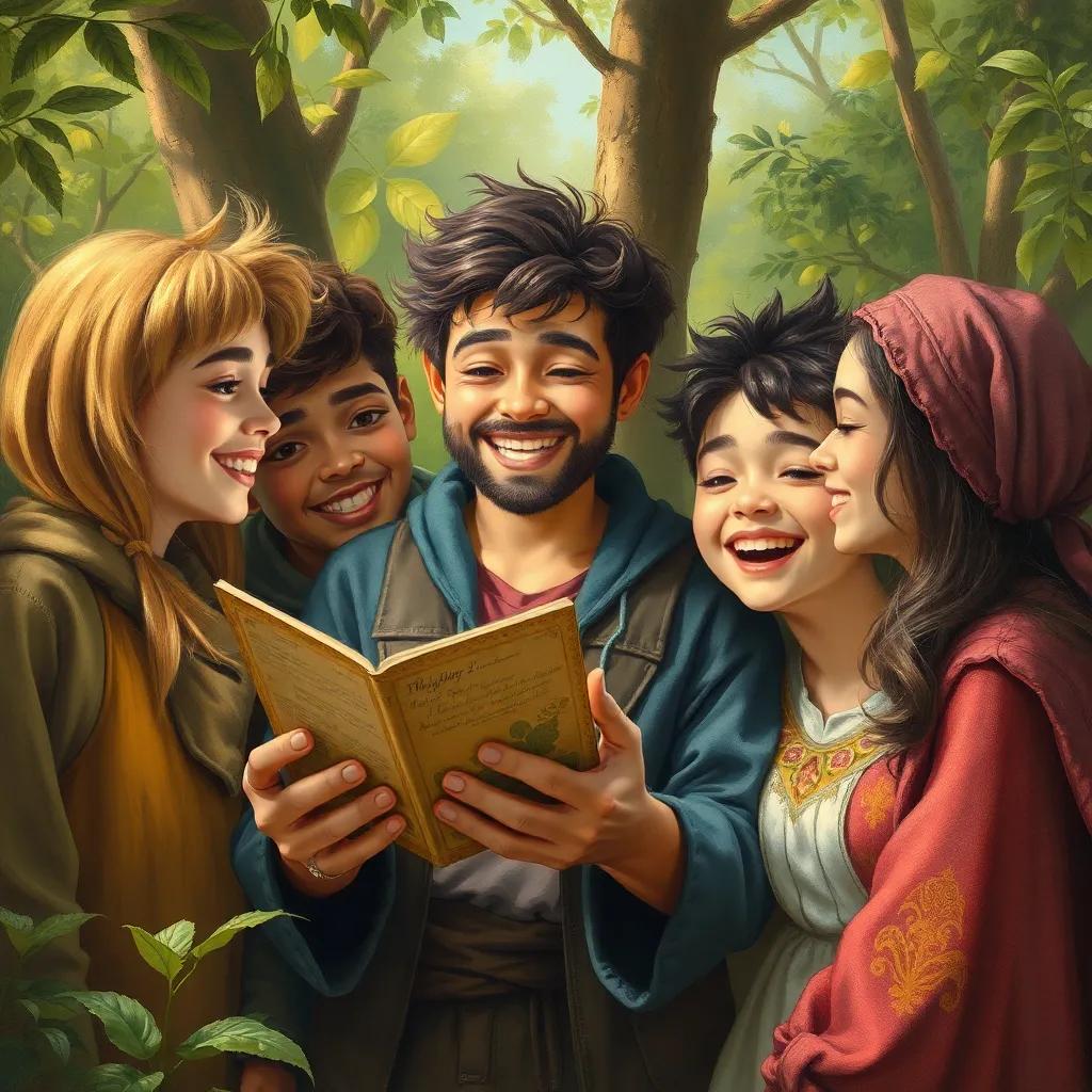 Rony sharing his discovery about understanding whispers with his friends, warm and friendly atmosphere, nature surrounding them, bright smiling faces, joyful and engaging scene, high quality