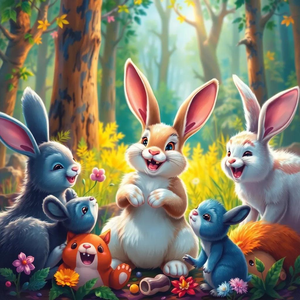 A happy rabbit, Rony, playing with friends in the forest, bright, colorful environment, laughing animals, fun and friendship, vibrant colors, heartwarming moment, high quality