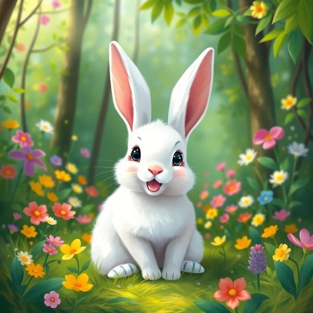 A cute little rabbit named Rony with white fur and big ears, sitting in a vibrant green forest with colorful flowers, looking excited and cheerful, digital art, bright colors, joyful atmosphere, high quality