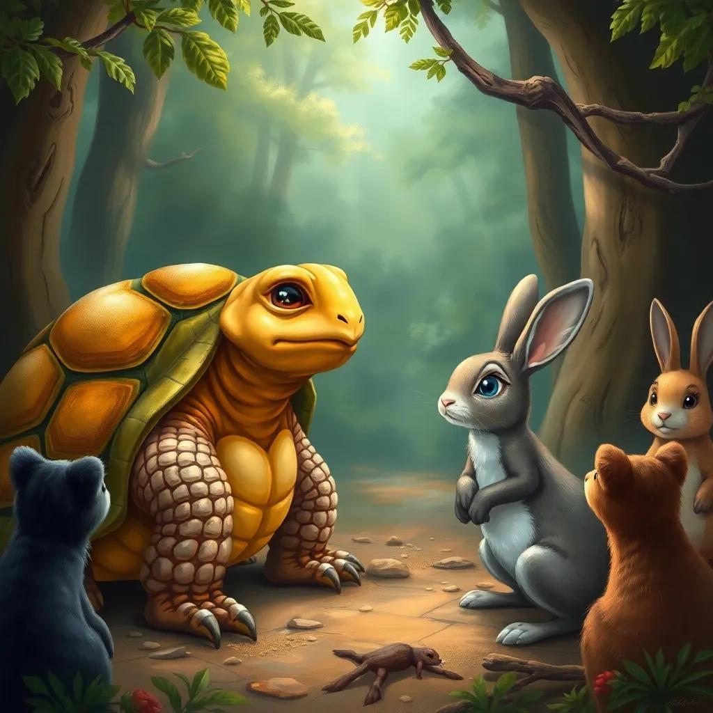A tortoise with a wise expression, speaking to Rony the rabbit in the forest, surrounded by friendly animals watching intently, illustration, warm colors, inviting scene, high quality