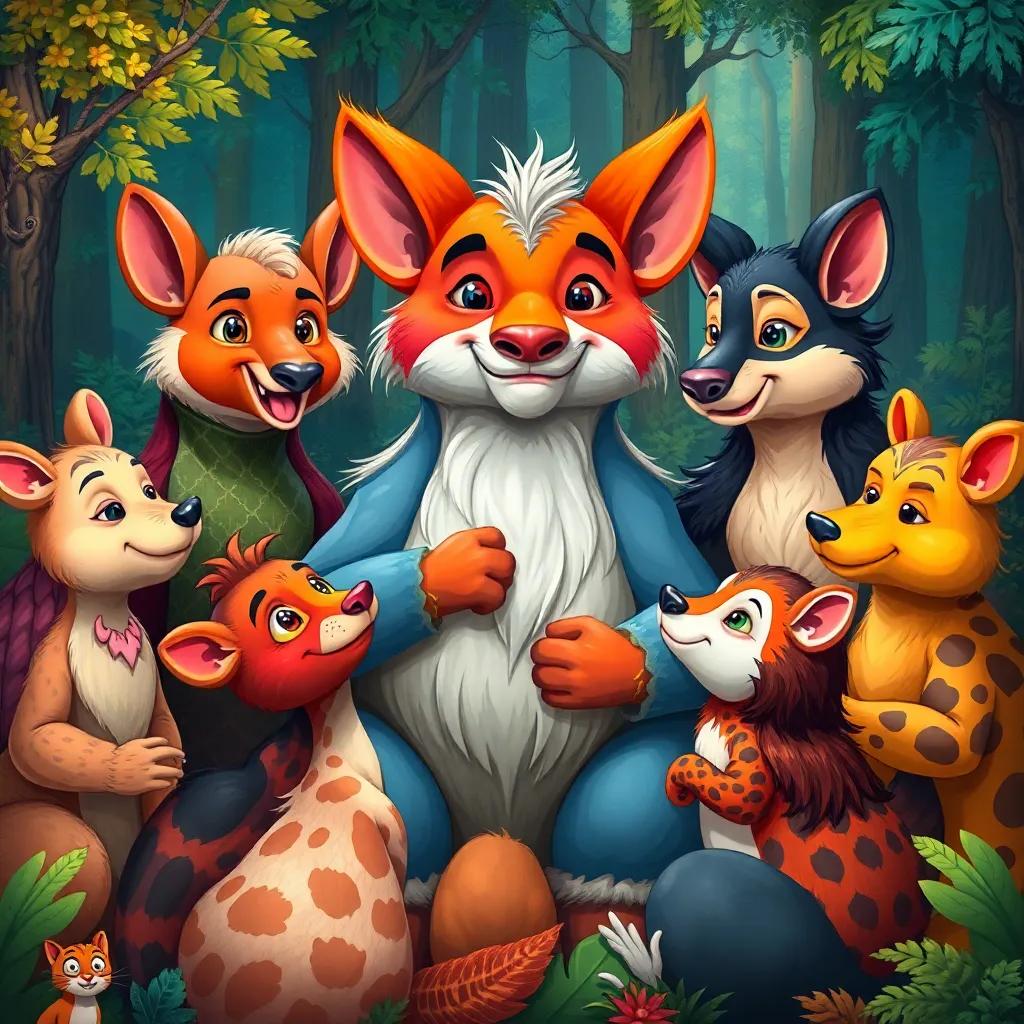 A group of animals gathering around Rony, sharing their ideas and thinking hard, each animal with unique features, colorful forest background, cheerful mood, digital art, vibrant and friendly, high quality