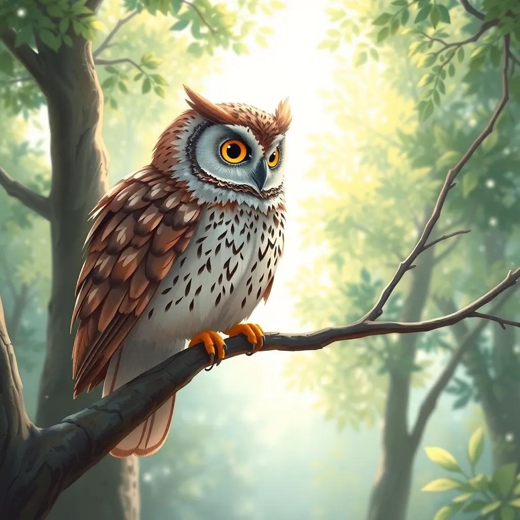 A wise owl perched on a low branch, addressing Rony with a gentle look, illuminated by soft sunlight filtering through the trees, illustration, serene atmosphere, bright colors, high quality