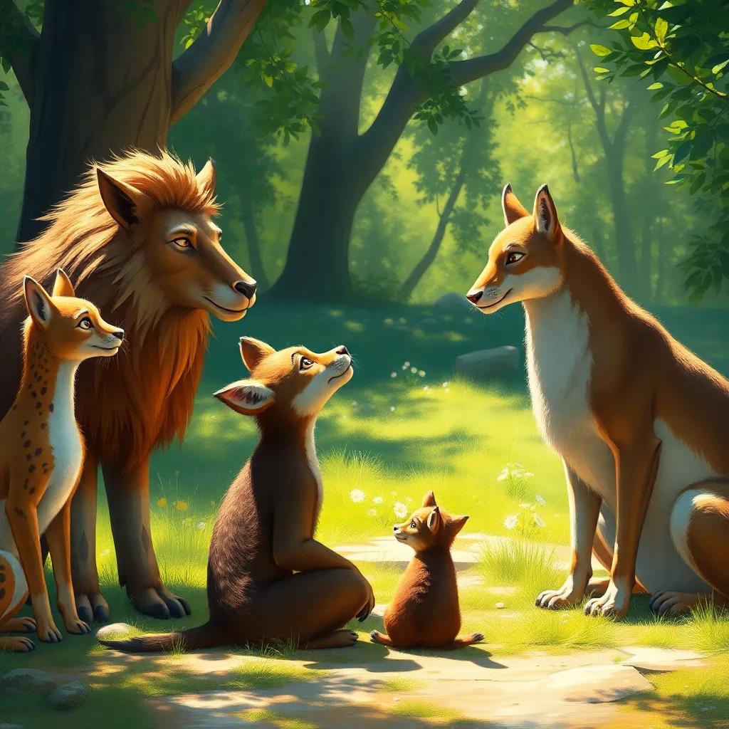 Rony sitting down in front of his friends, intently watching their lips as they communicate, all animals in a bright sunny glade, positive energy, digital art, warm and inviting, high quality