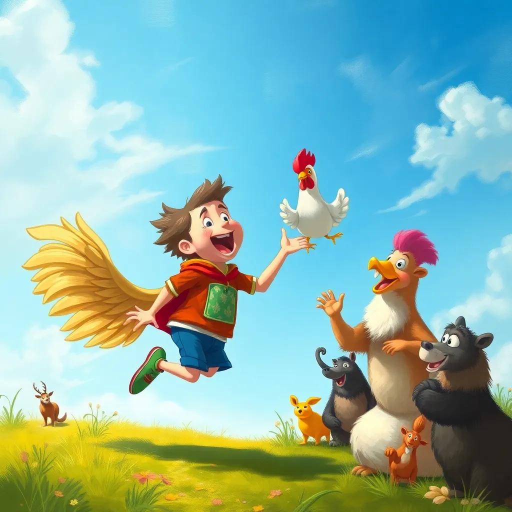 Rony happily hopping with delight, finally understanding a whisper from a chicken under the blue sky, other animals cheering him on, cheerful scene, vibrant colors, digital illustration, high quality