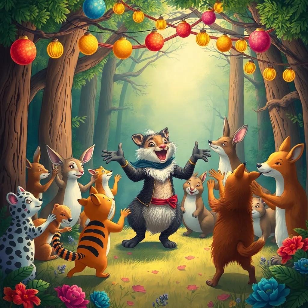 A joyful celebration in the forest, animals dancing around Rony who is now understanding whispers, colorful decorations, bright atmosphere, illustration, festive mood, high quality