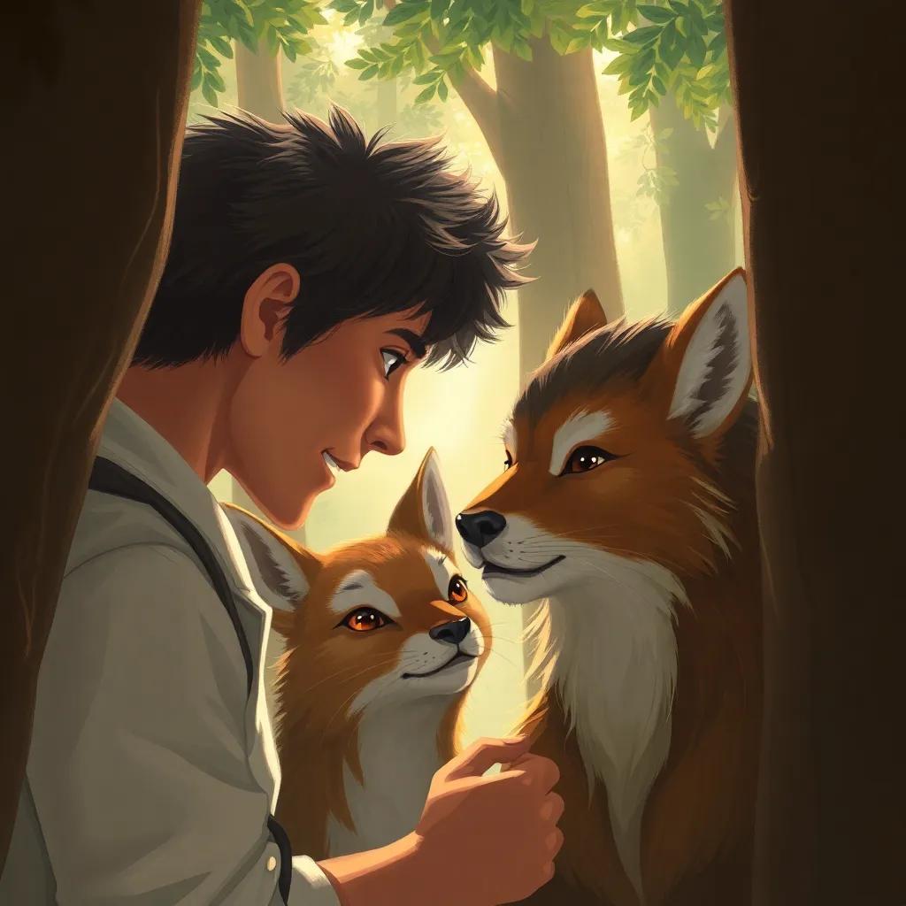 Rony focusing closely as animals whisper together, soft light shining through the trees, showing determination and excitement, illustration, cozy ambiance, high quality