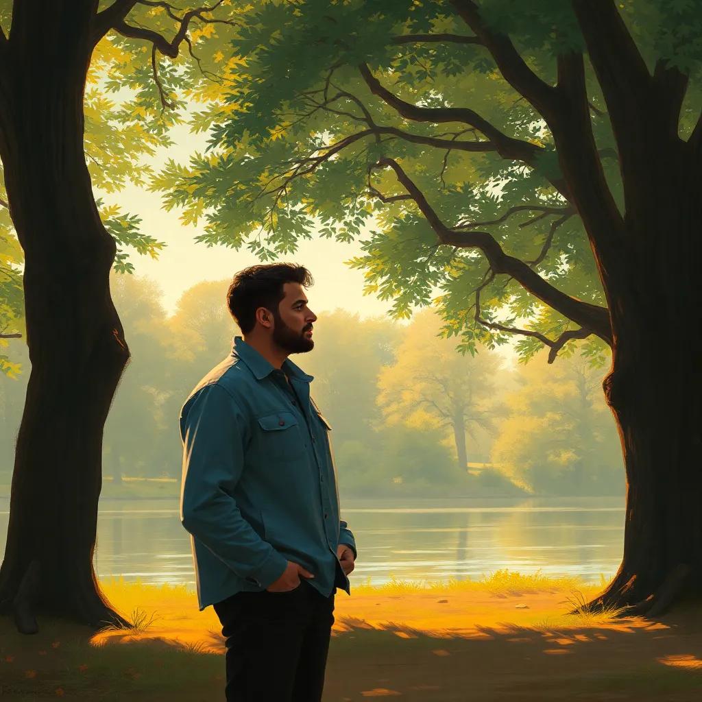 Rony reflecting thoughtfully under the trees, understanding his journey to listen and communicate better, peaceful setting, digital art, warm colors, deep focus, high quality
