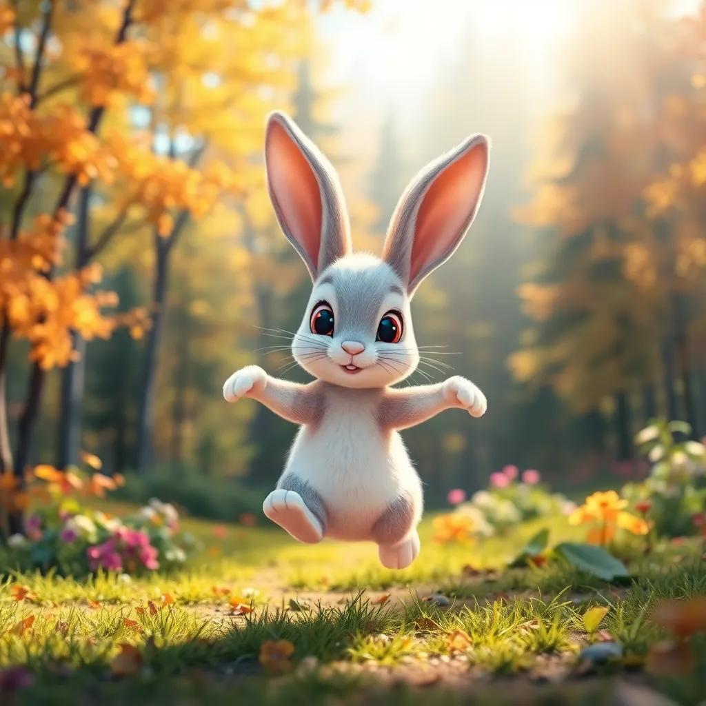A small rabbit, with fluffy white fur and big ears, jumping in a beautiful forest full of colorful trees and sunlight, digital art, vibrant colors, cheerful atmosphere, high quality