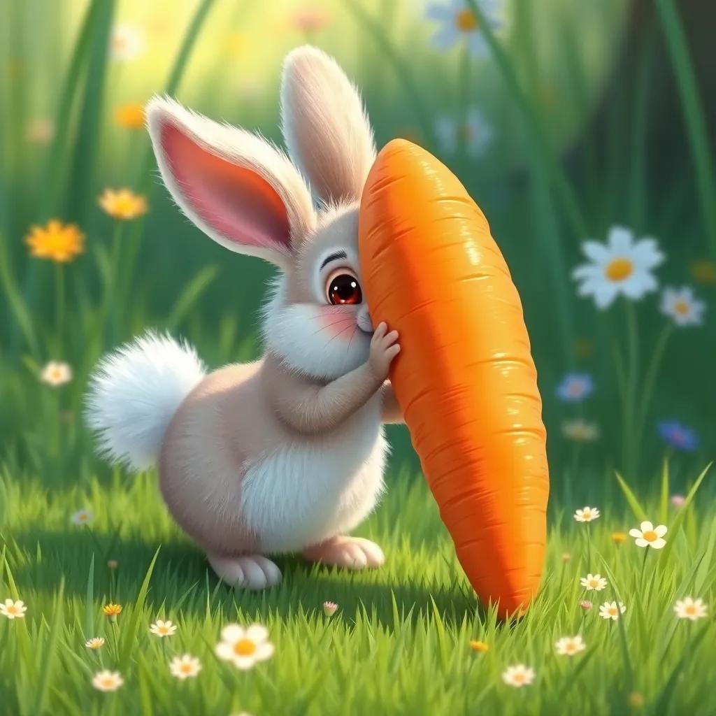 A small rabbit with fluffy white fur and big ears, pulling a giant orange carrot from the ground, the carrot is too heavy, surrounded by green grass and flowers, illustration, playful, bright colors, engaging