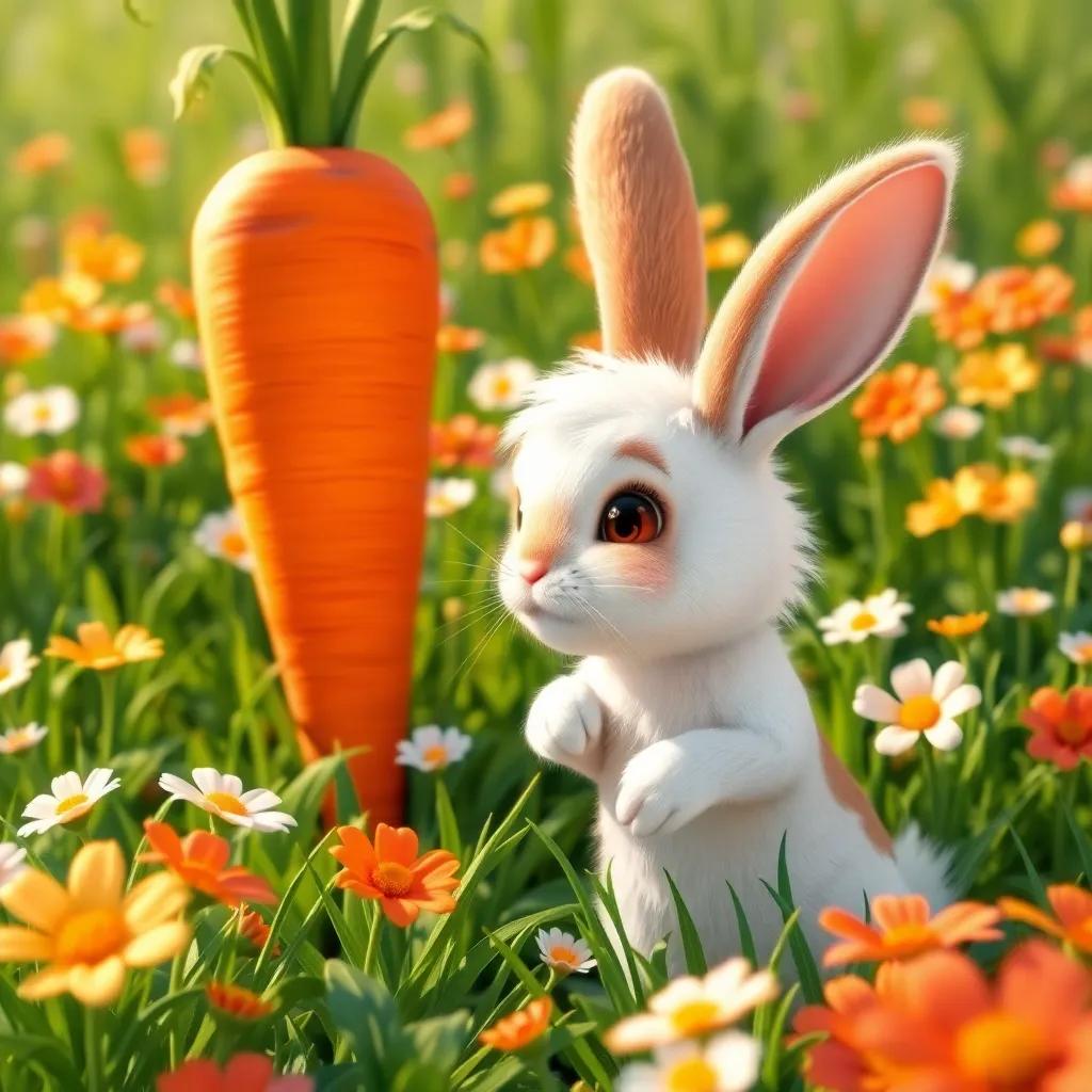 A small rabbit named Arnoob, with fluffy white fur and big ears, looking curiously at a giant carrot in a lush green field full of flowers, digital art, cheerful and bright colors, warm morning sunlight, inviting atmosphere, high quality