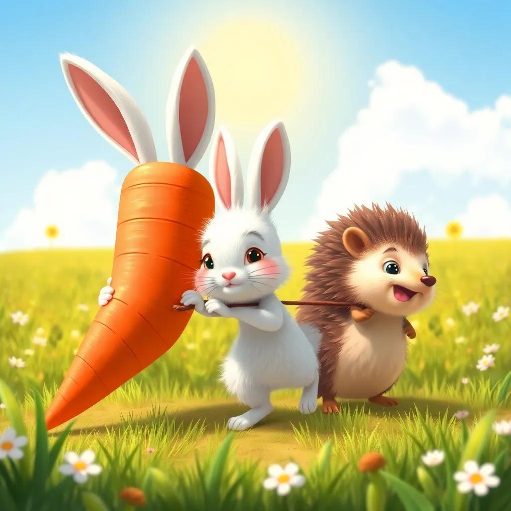 Arnoob, the small rabbit, with fluffy white fur and big ears, pulling alongside his friend a hedgehog, both struggling to lift a giant carrot from the ground in a sunny field, illustration, vibrant colors, teamwork theme, child-friendly