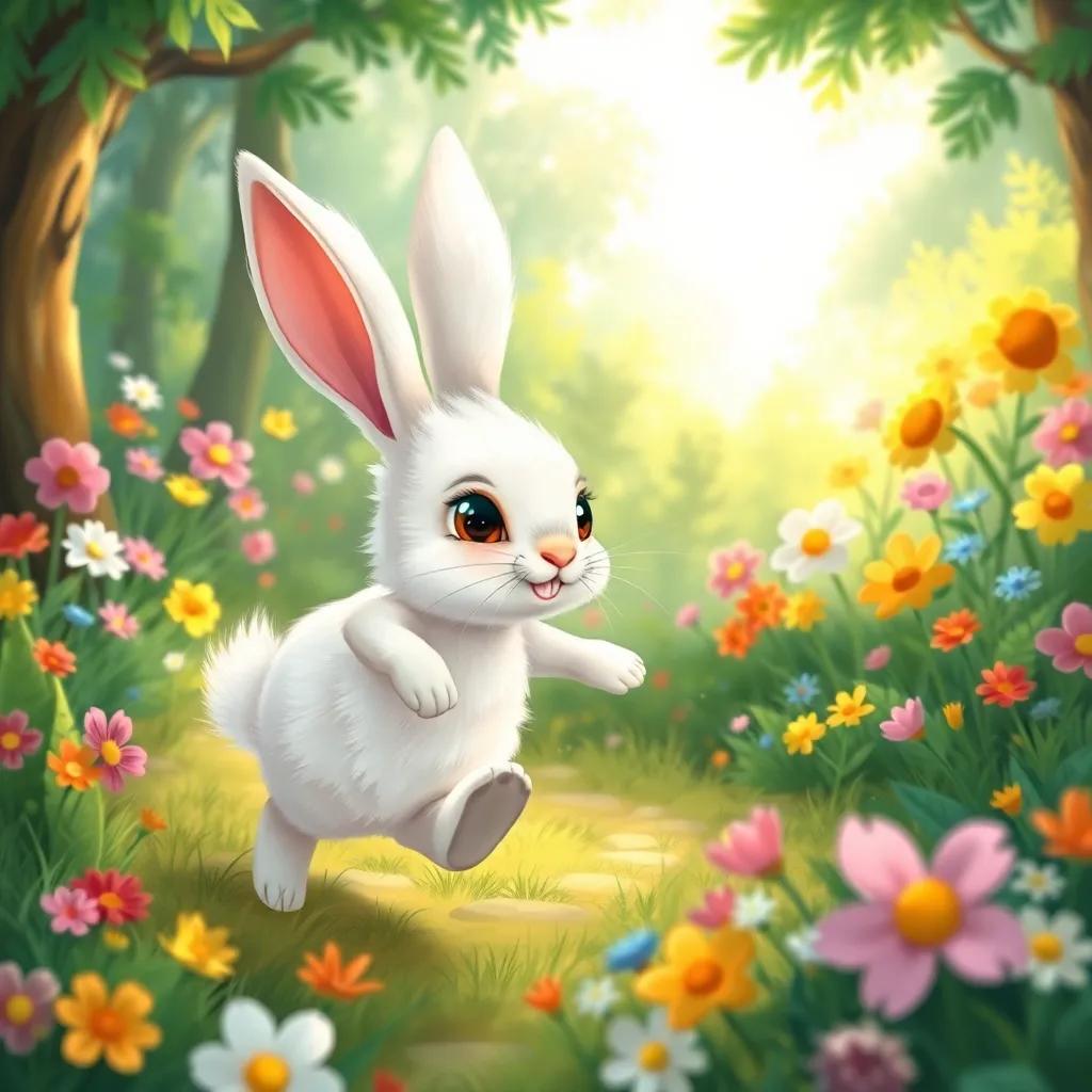 A small rabbit, Nuni, with fluffy white fur and big ears, running through a green forest filled with colorful flowers, sunlight filtering through the trees, cheerful atmosphere, vibrant colors, detailed digital art