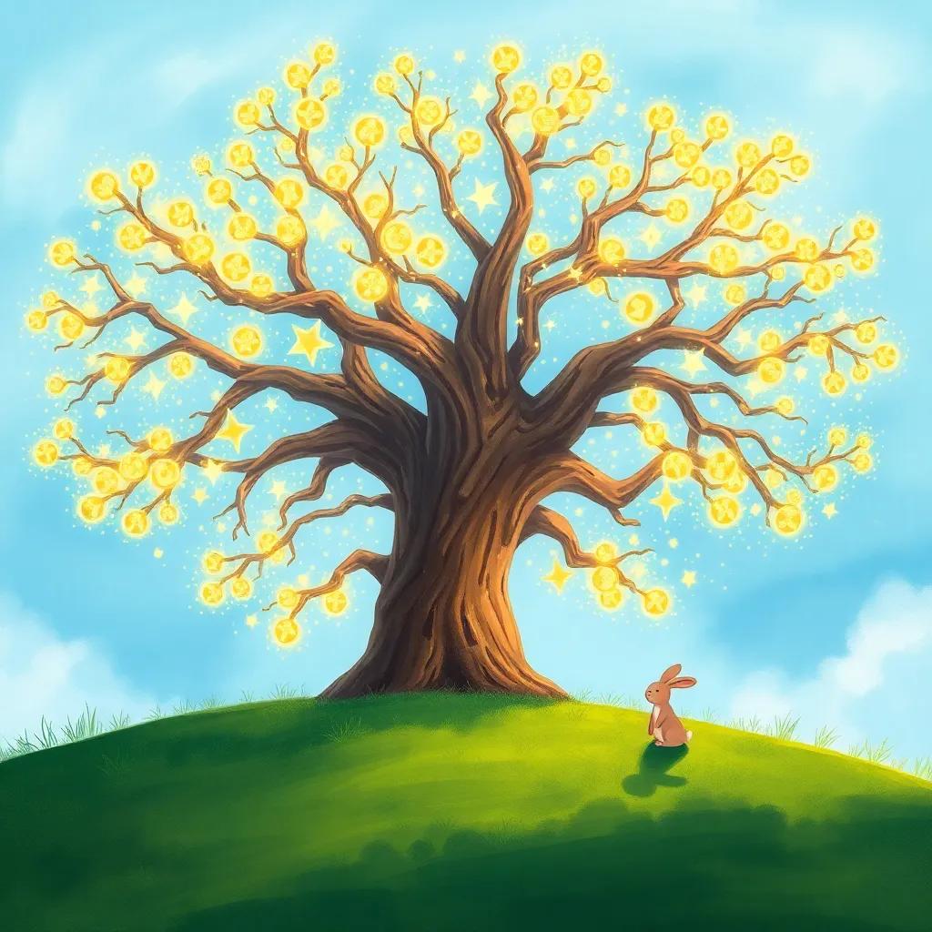 A huge magical tree with sparkling golden branches, standing tall on a hill under a bright blue sky, with Nuni, the little rabbit, listening to its gentle voice, enchanting scene, colorful and whimsical, high quality