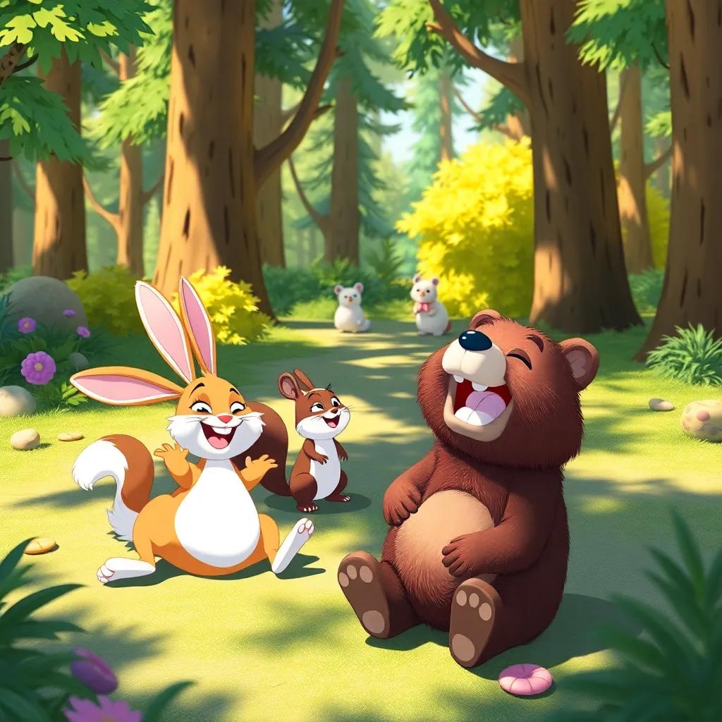 A sunny forest scene with various animals playing; a lazy rabbit, a squirrel, and a bear laughing together, cheerful atmosphere, bright colors, lively vibe, high quality