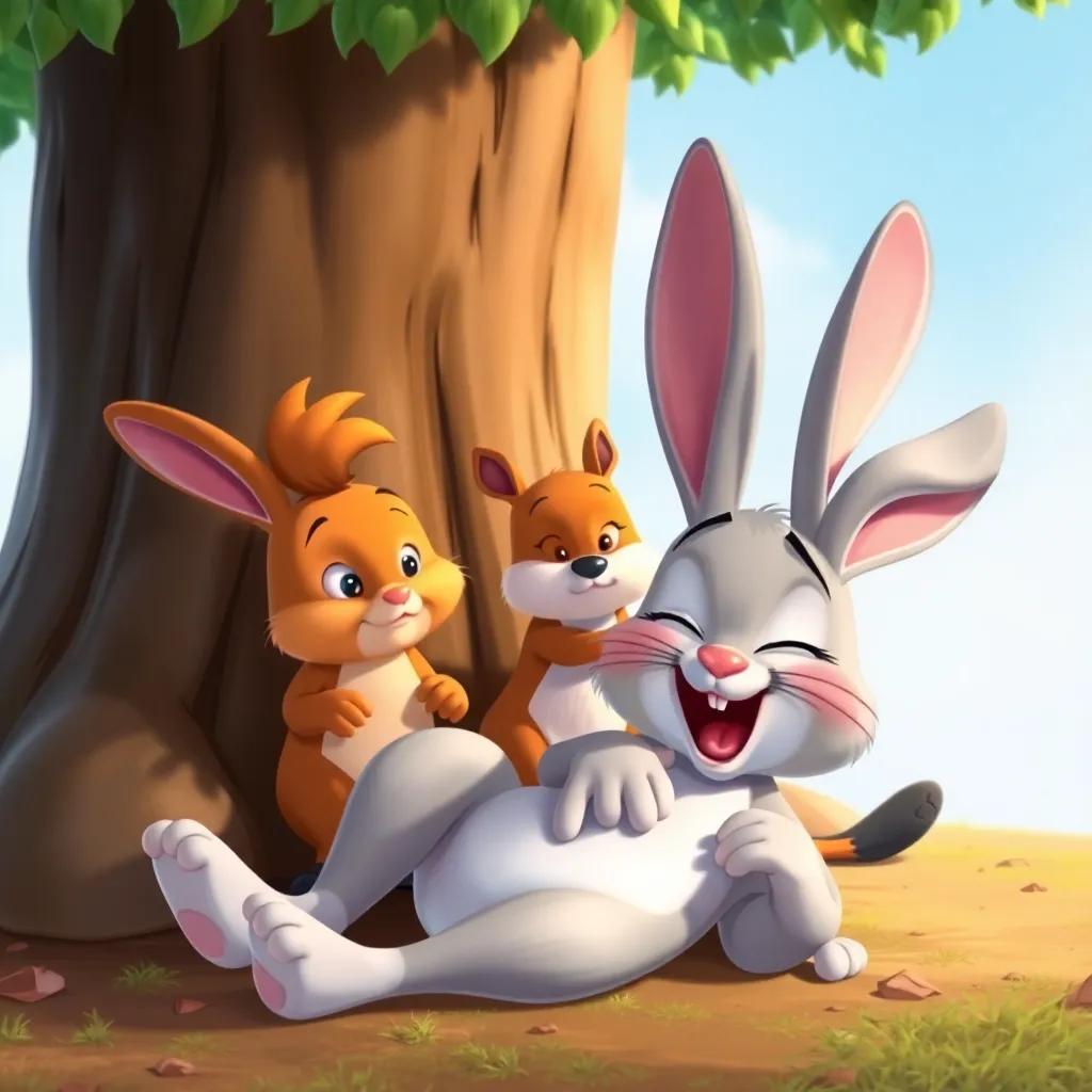 The lazy rabbit pretending to be hurt, lying on the ground under a tree, with a dramatic expression; the squirrel and bear looking concerned, cartoonish style, playful, vivid colors, comforting mood, high quality