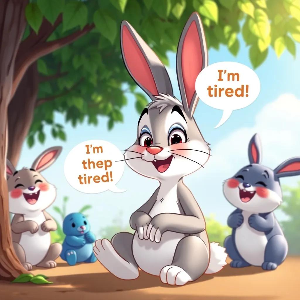 The rabbit sitting under the shade with a playful smile saying, 'I’m tired!'; his friends encouraging him, cheerful expressions, cartoon style, bright colors, inviting atmosphere, high quality