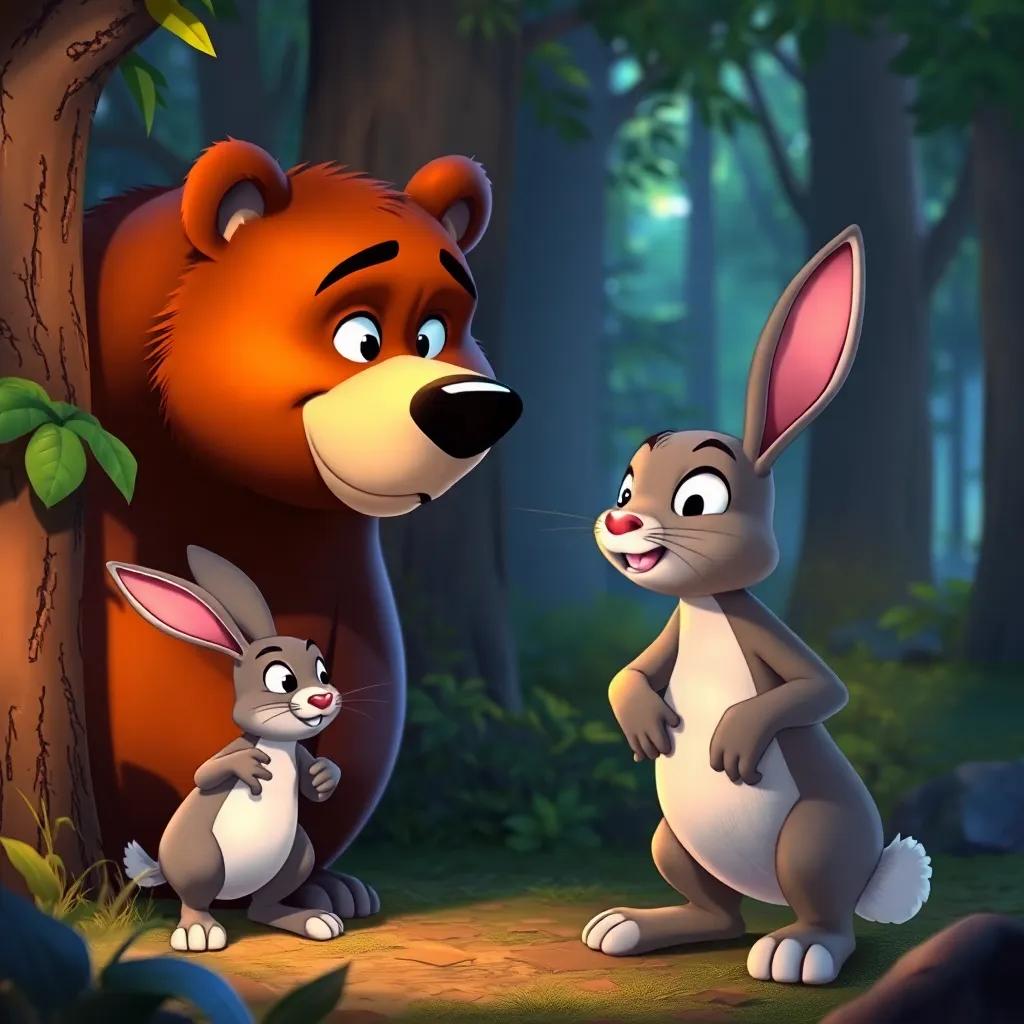 The bear looking curiously at the rabbit and asking about his injury, with the rabbit nervously avoiding eye contact; colorful forest setting, warm lighting, expressive characters, high quality