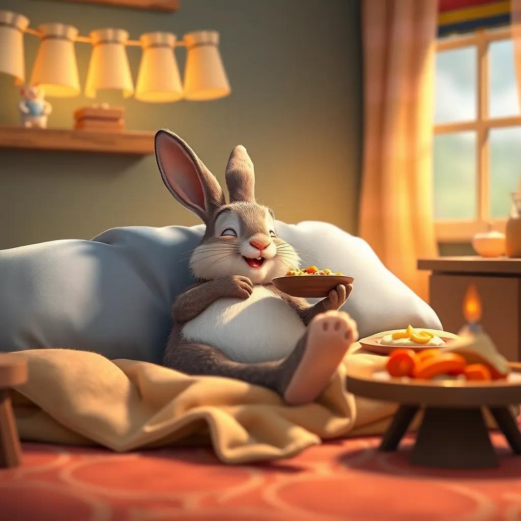 The rabbit relaxing on a cozy bed with a cloth around his foot, looking happy as his friends serve him food; warm interior lighting, friendly atmosphere, charming style, high quality