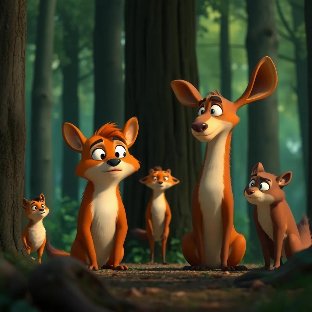 The forest animals starting to get suspicious, glancing at each other in worry; tense expressions, soft forest hues, thoughtful mood, high quality