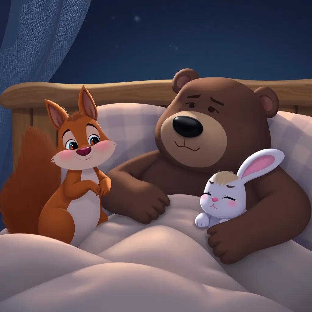 The squirrel and bear deciding to stay over, with the rabbit nodding reluctantly, tucked in bed looking tired; cozy night setting, soft light, warm feeling, high quality