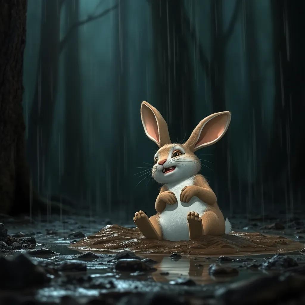 The rabbit in distress after falling, sitting in mud, rain pouring down; dark forest scene, moody lighting, intense feeling of loneliness and fear, high quality