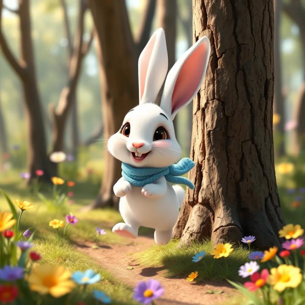 A small rabbit named Zari, with soft white fur, happily hopping between trees in a sunny forest, wearing a tiny blue scarf, colorful flowers around, cheerful atmosphere, digital art, bright colors
