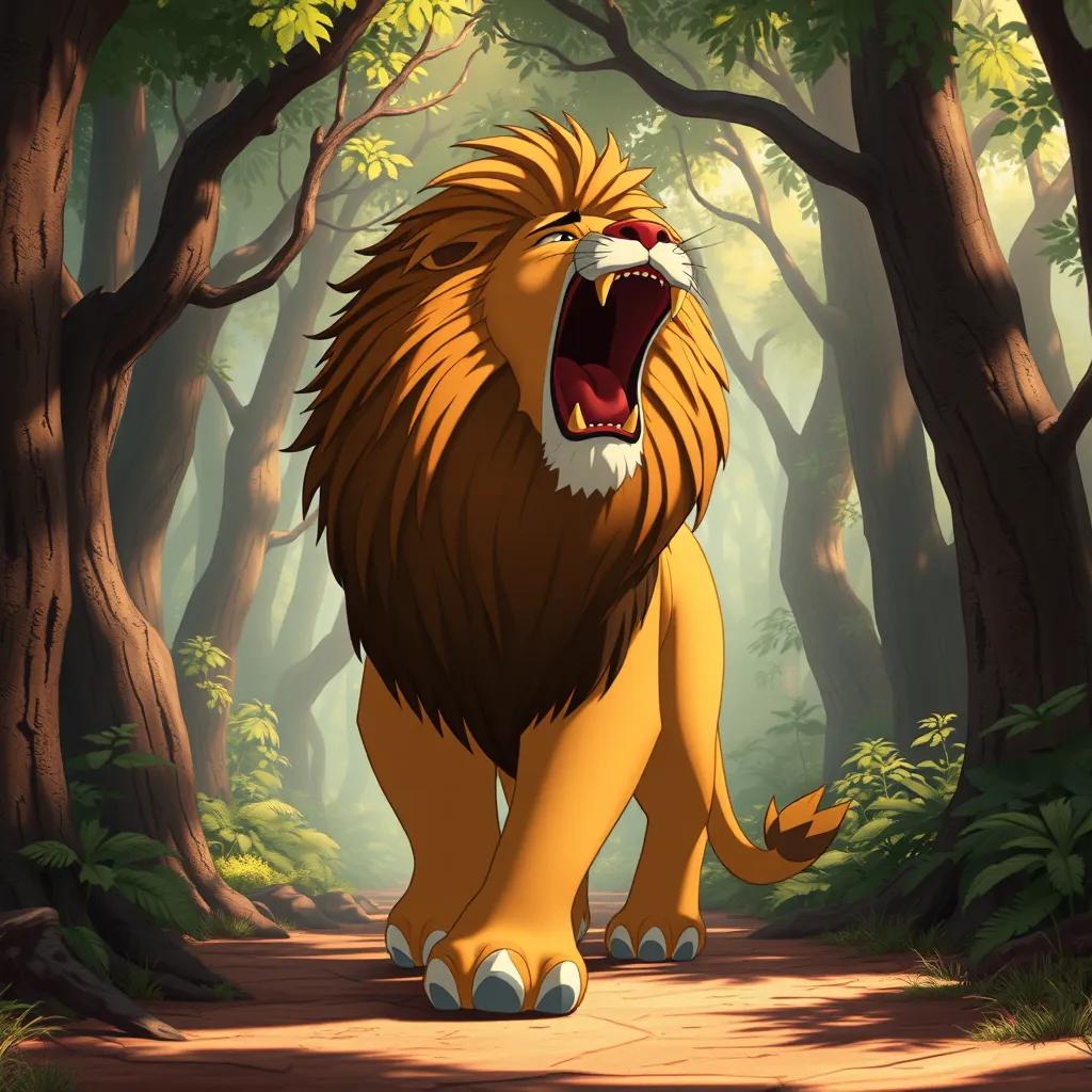 A large lion named Fakhur, with a majestic mane, roaring loudly while walking through the forest, surrounded by trees and sunlight filtering through the leaves, powerful presence, illustration, warm colors